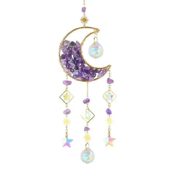 Silver metal holder with a large white K9 crystal moon pendant for car rear view mirror.