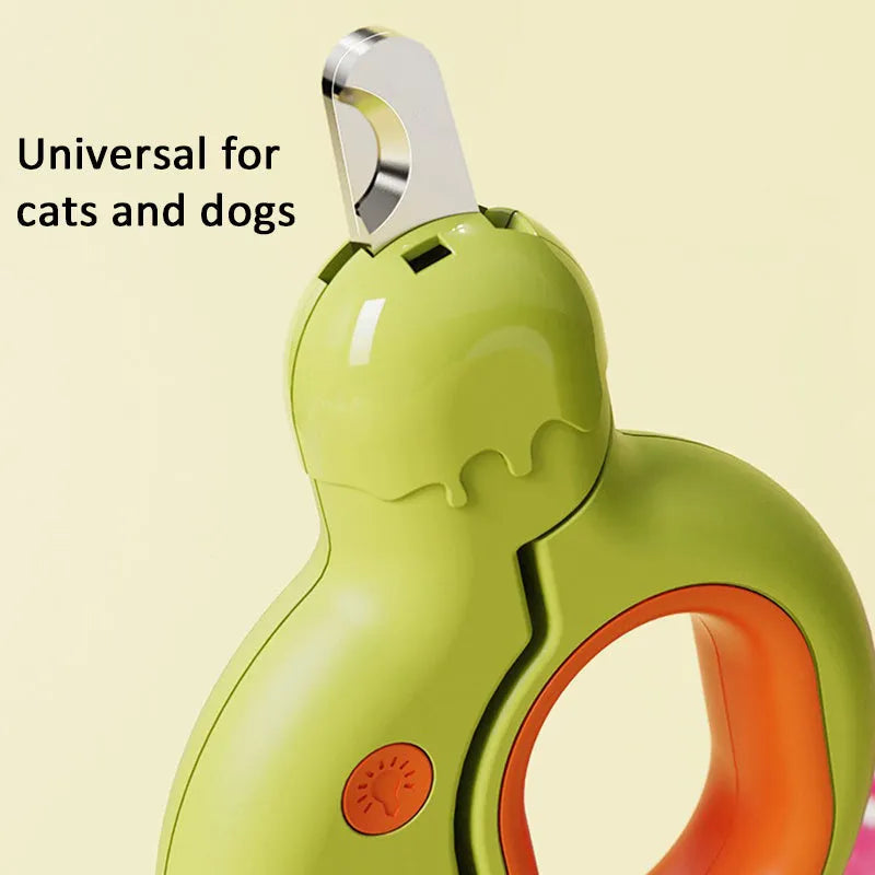 LED illuminated pet nail clippers for cats and dogs showing quick-light technology and non-slip handles