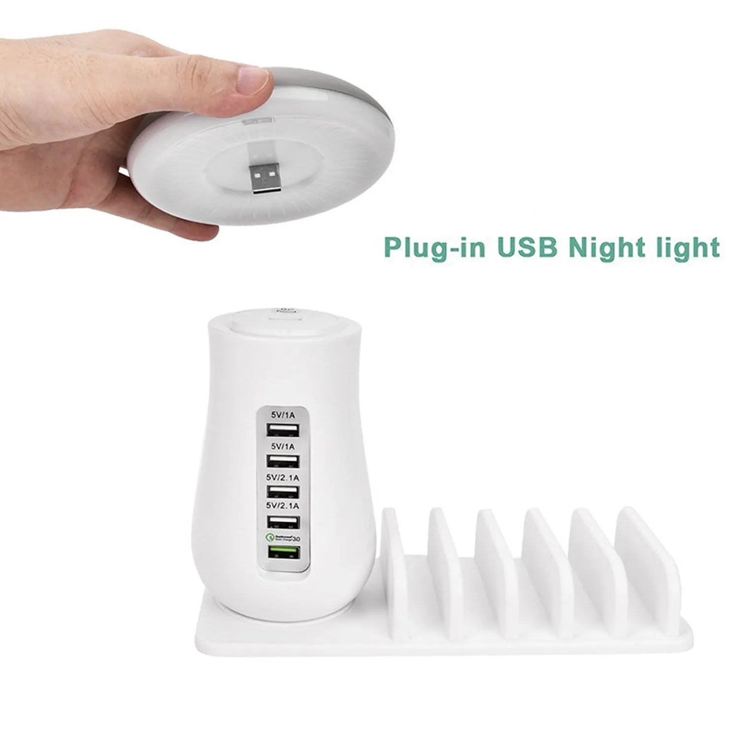 Mushroom-shaped USB charging station with 5 ports and soft LED lighting