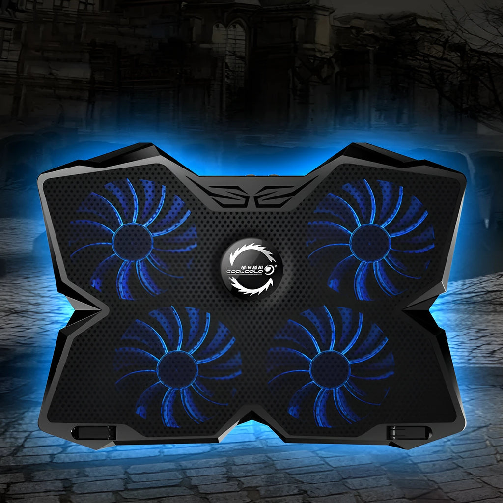 Blue LED desktop cooling base with four fans and USB ports for PC temperature control
