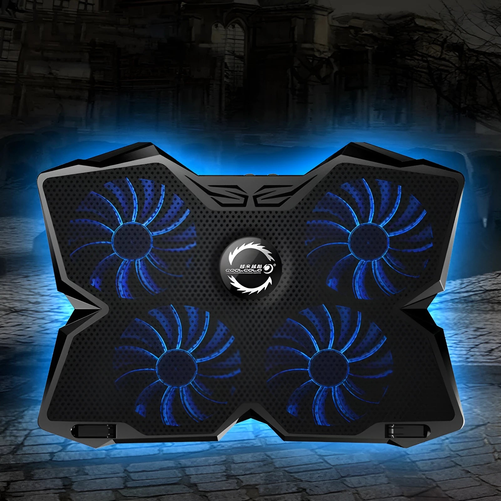 Blue LED desktop cooling base with four fans and USB ports for PC temperature control