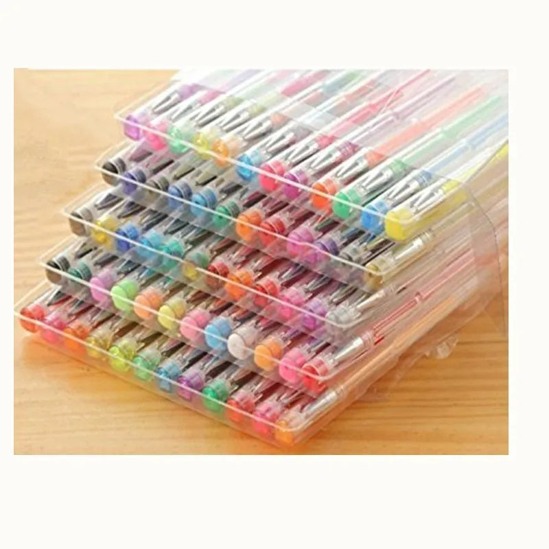 Set of 100 multicolour gel pens and highlighters with 0.5mm and 1mm tips on a white background.
