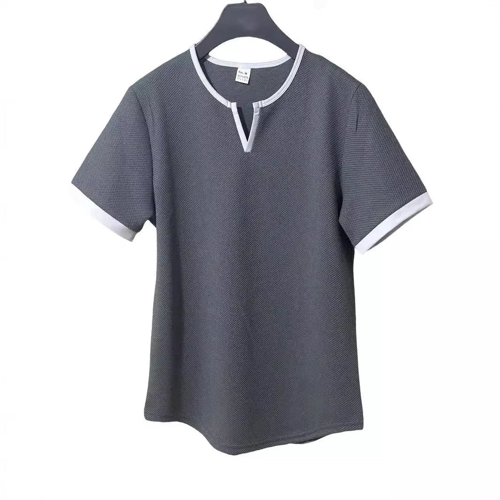 Short sleeve waffle texture t-shirt with colour-block V-neck in army green