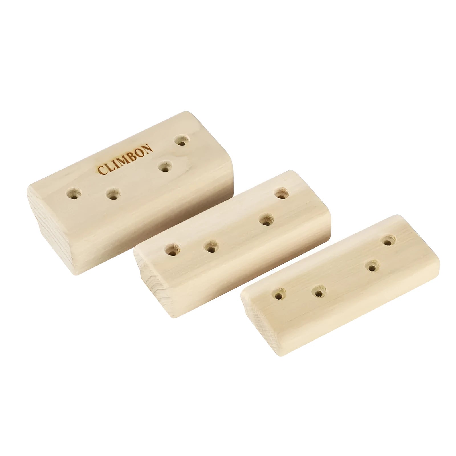 Set of three solid wooden fingerboards for grip strength training on a wall