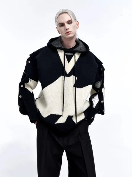 Men's ink gray black colour block long sleeve embroidered pullover hoodie jacket on hanger