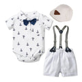 Blue cotton baby boy romper with gentleman print and short sleeves.