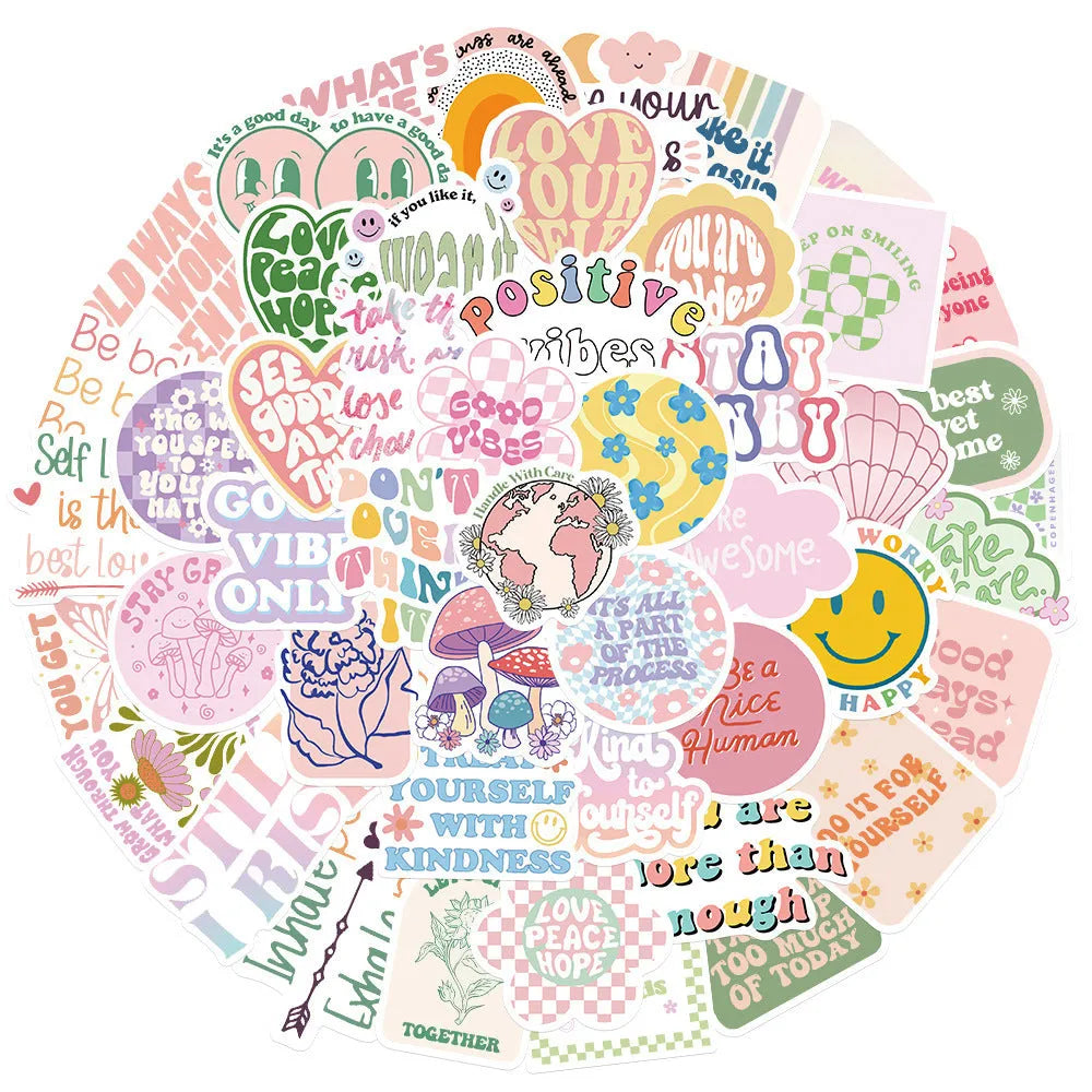 Pack of 50 pink graffiti-style motivational statement stickers for laptop and luggage decoration