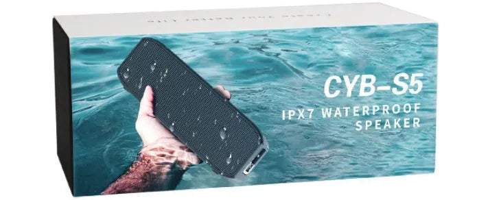 Black waterproof wireless Bluetooth speaker with control buttons and connectivity ports