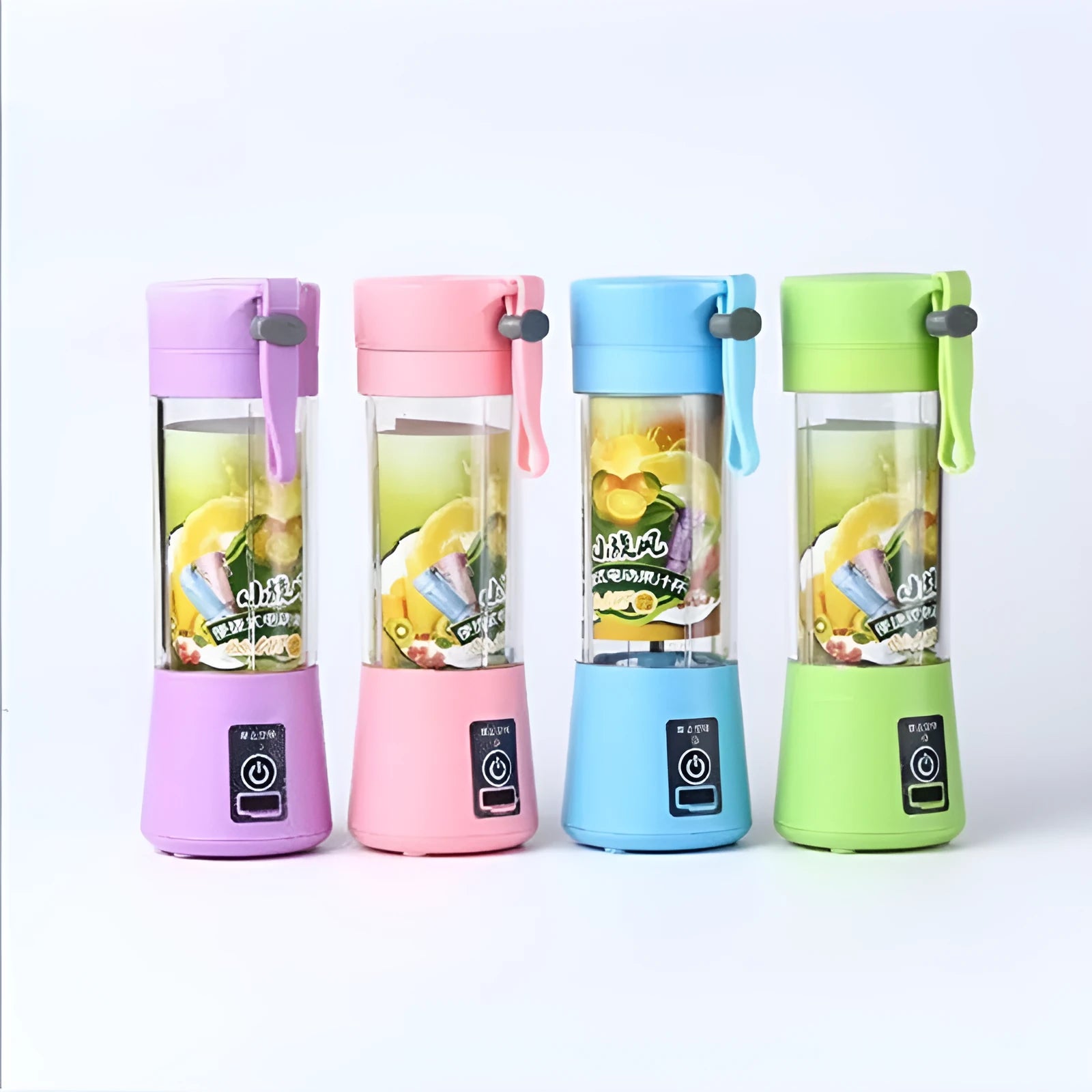 Mini USB electric fruit juicer with pink 400ml cup and stainless steel blades on a table.