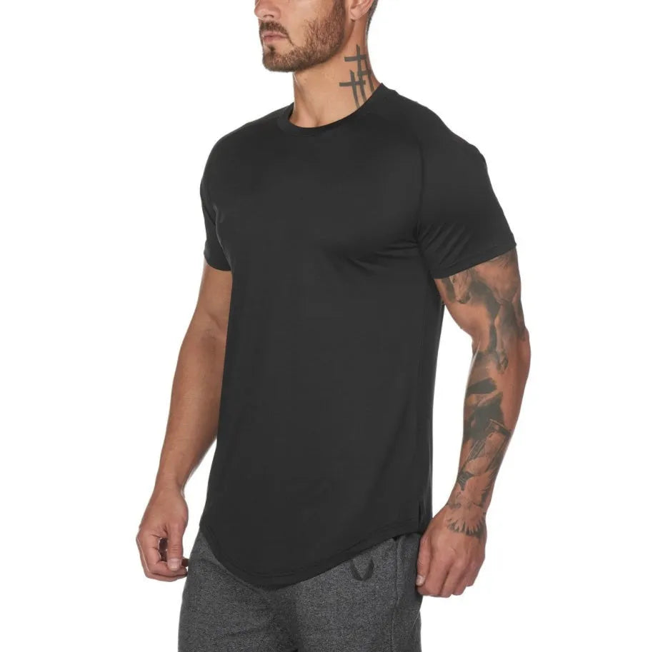 Men's plain custom gym shirt in cotton-spandex blend showing colour and letter print options.