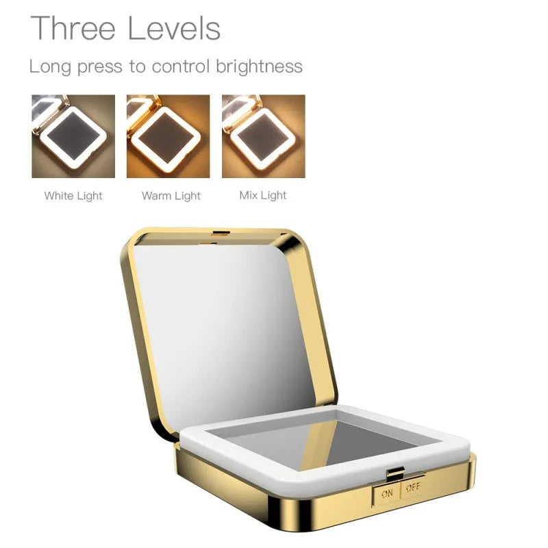 Black and white makeup mirror with dual reflection surfaces and adjustable lighting controls