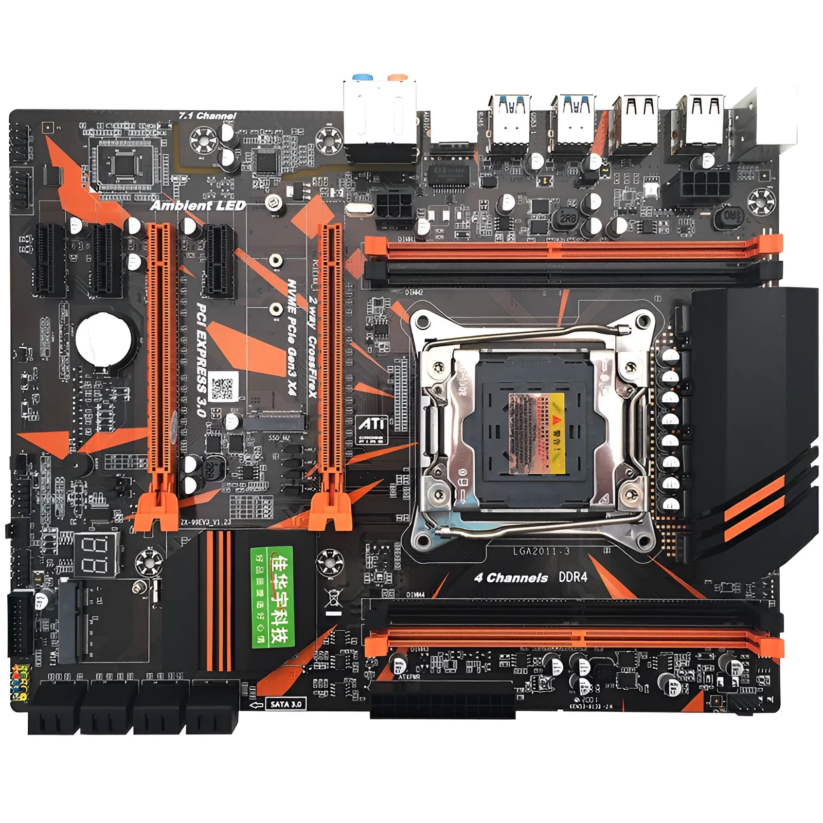 X99 chipset ATX motherboard with LGA2011-3 socket, four DDR4 slots, and dual PCI-E x16 connectors
