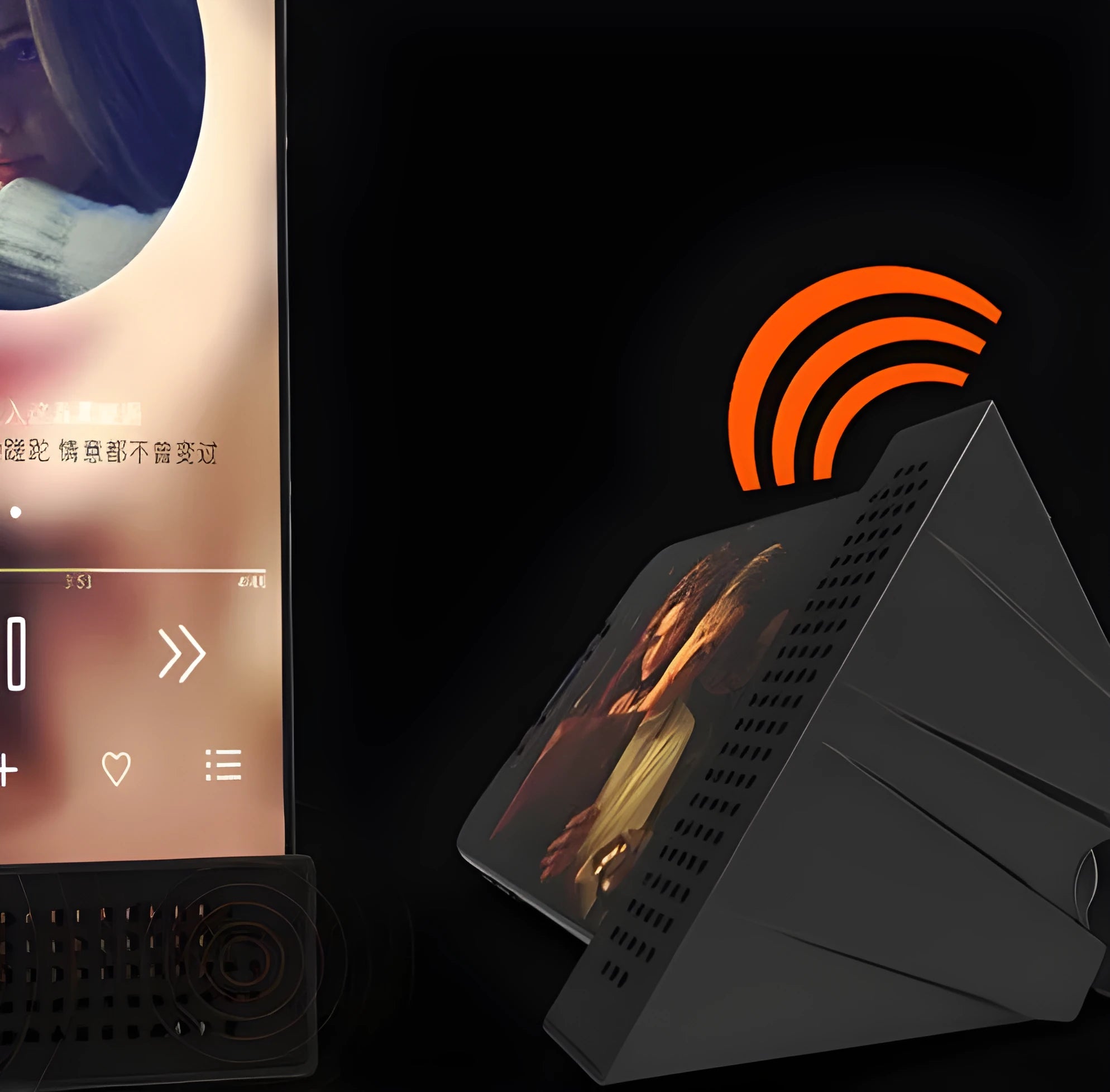 Portable black ABS mobile phone amplifier bracket holding an iPhone on a desk