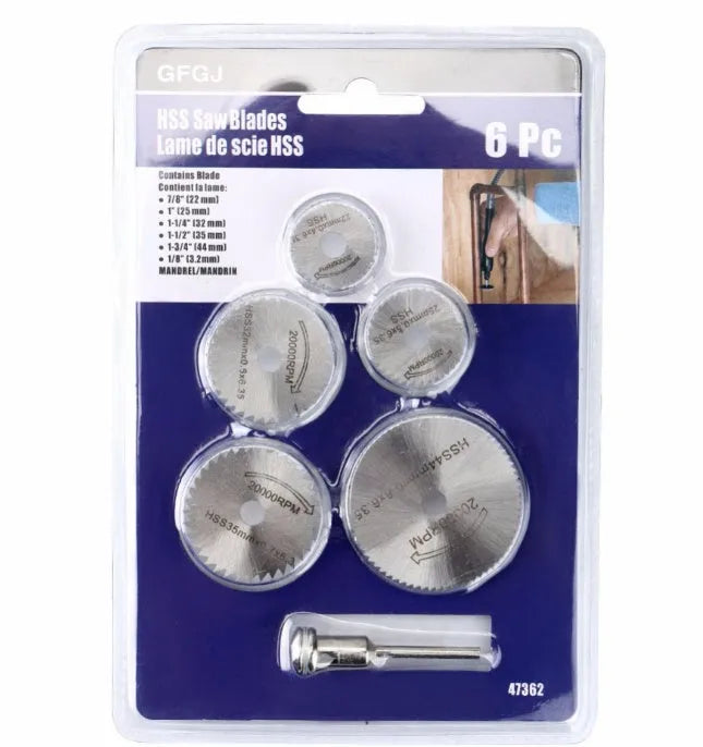 Set of 6 circular saw blades with mandrel for woodworking cutting applications
