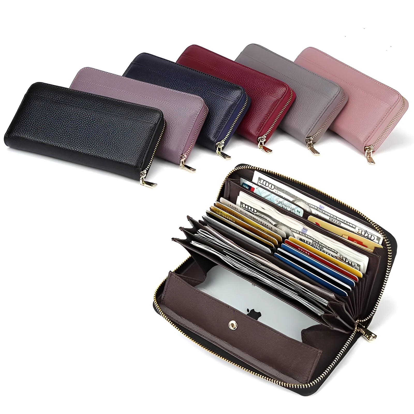 Long genuine leather women's wallet in solid colour with anti-theft card swiping feature