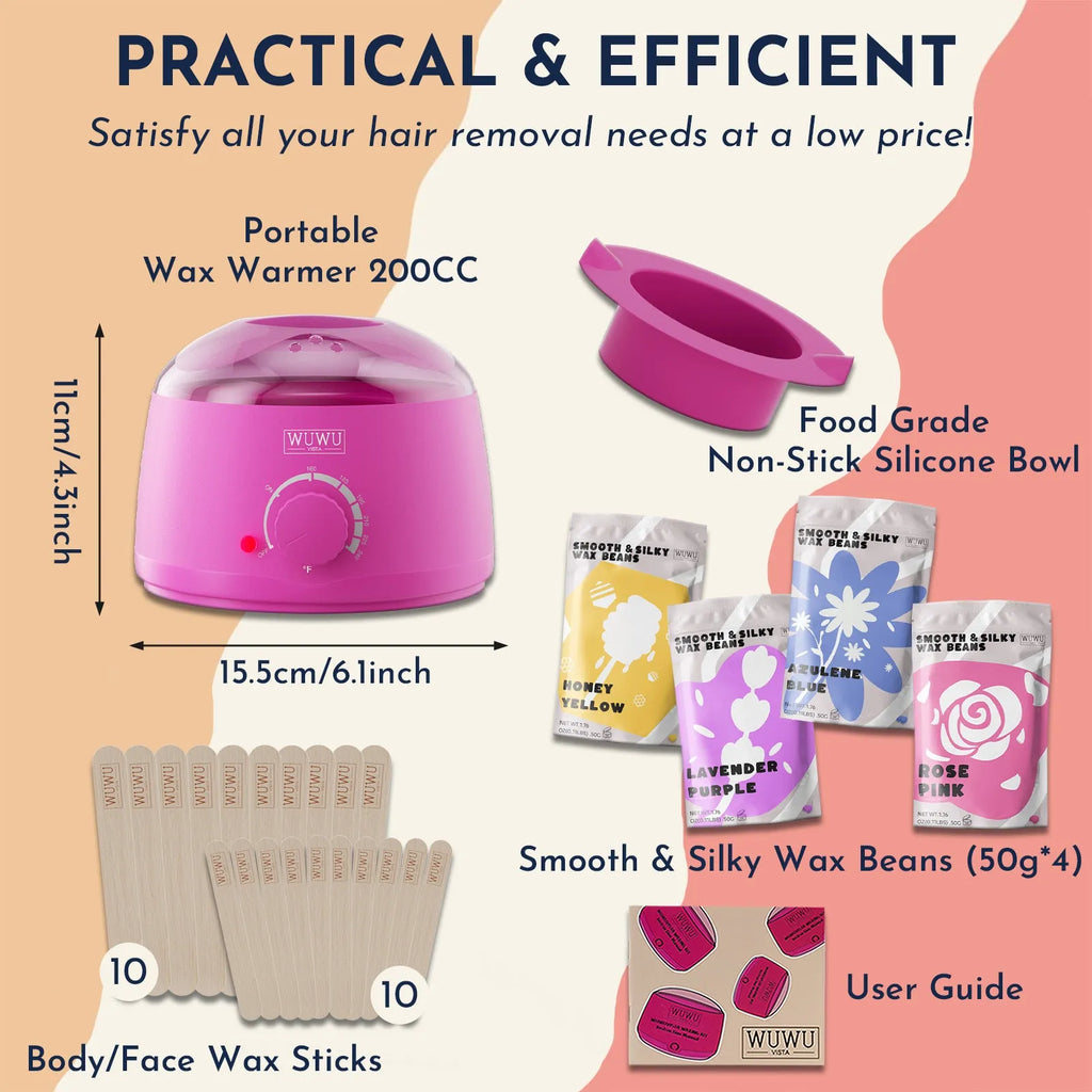 WUWUVISTA 27-piece hair removal kit with pink wax warmer, four coloured wax pots, and wax sticks