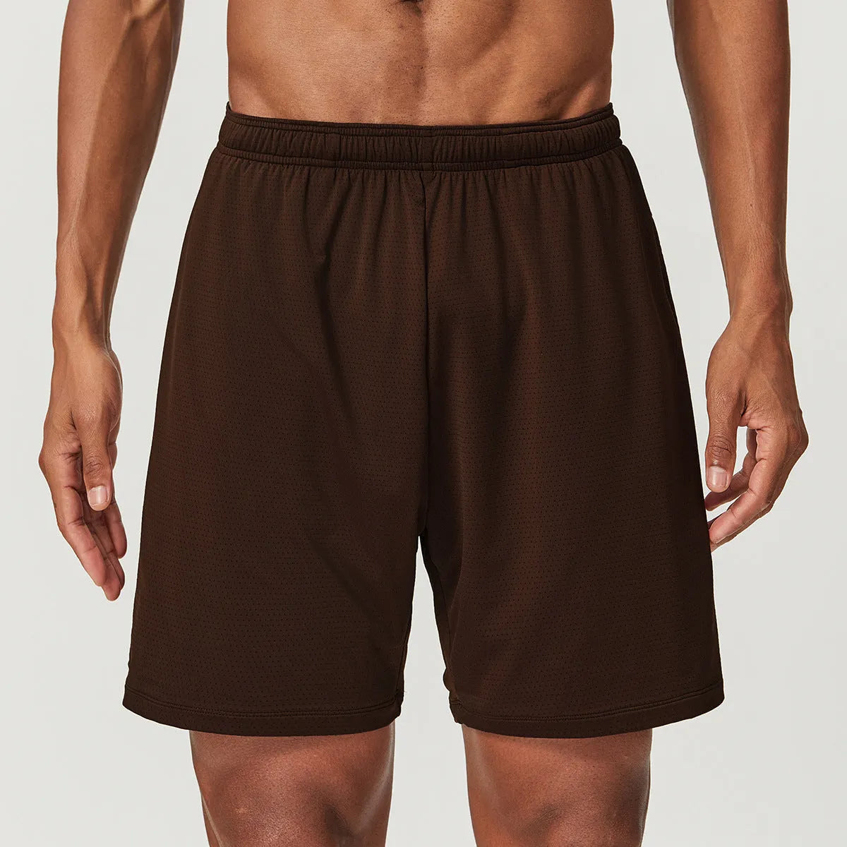 Men's double-layer running shorts in sky green colour on a mannequin, showing mid-waist and shorts length.