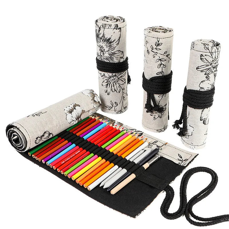 Black peony print canvas pencil roll bag with cotton hemp construction showing 24-hole or 72-hole organisation options