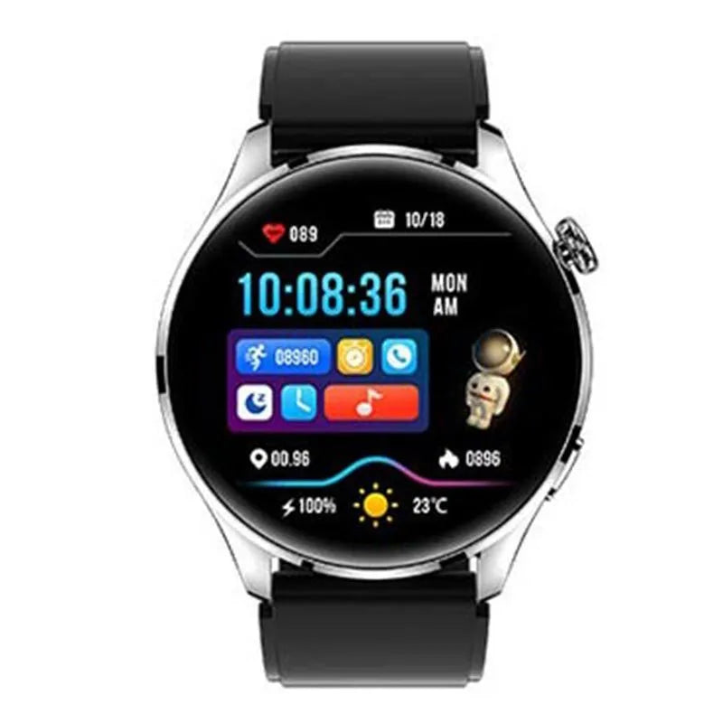 Smart watch with round colour touchscreen showing interface, available with black or silver silicone or steel straps