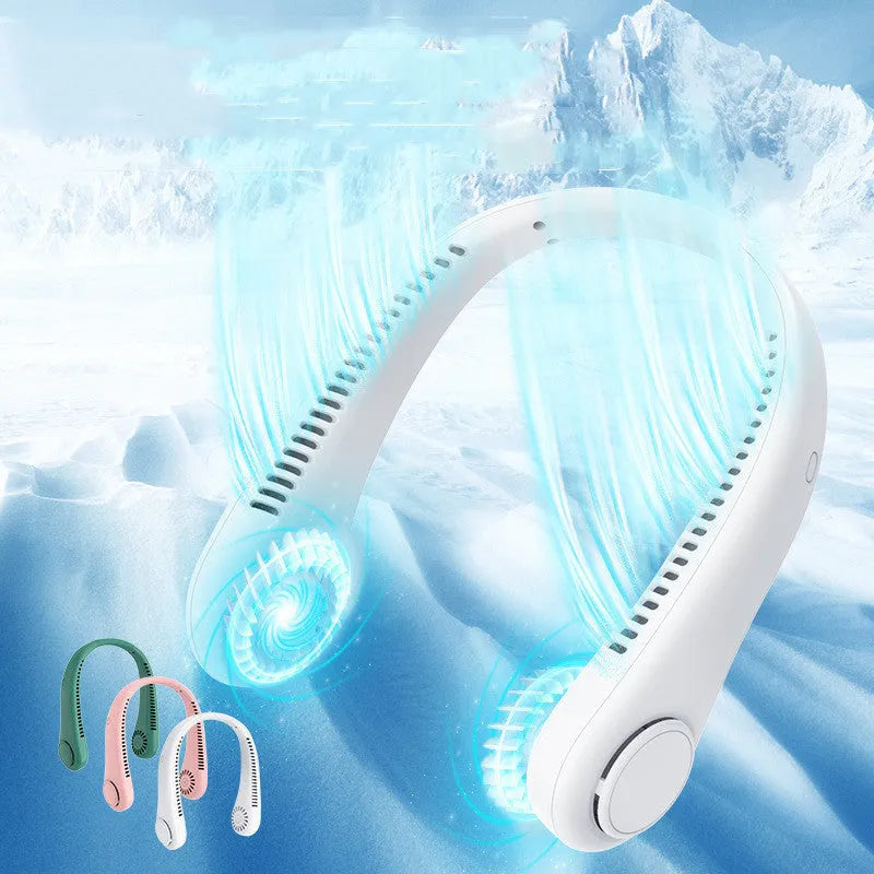 White rechargeable bladeless neck fan hanging around a person's neck