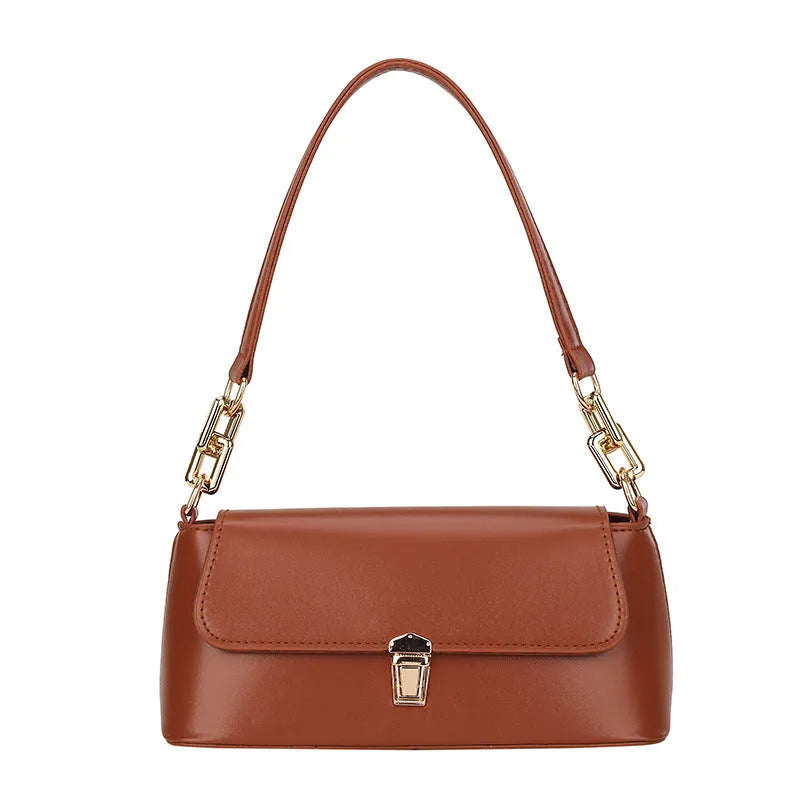 Brown French casual underarm bag with single shoulder chain strap and sandwich pocket design