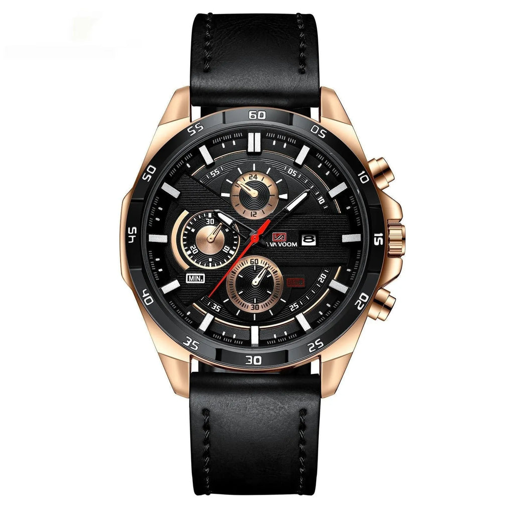 Men's casual waterproof quartz watch with business calendar on brown leather strap