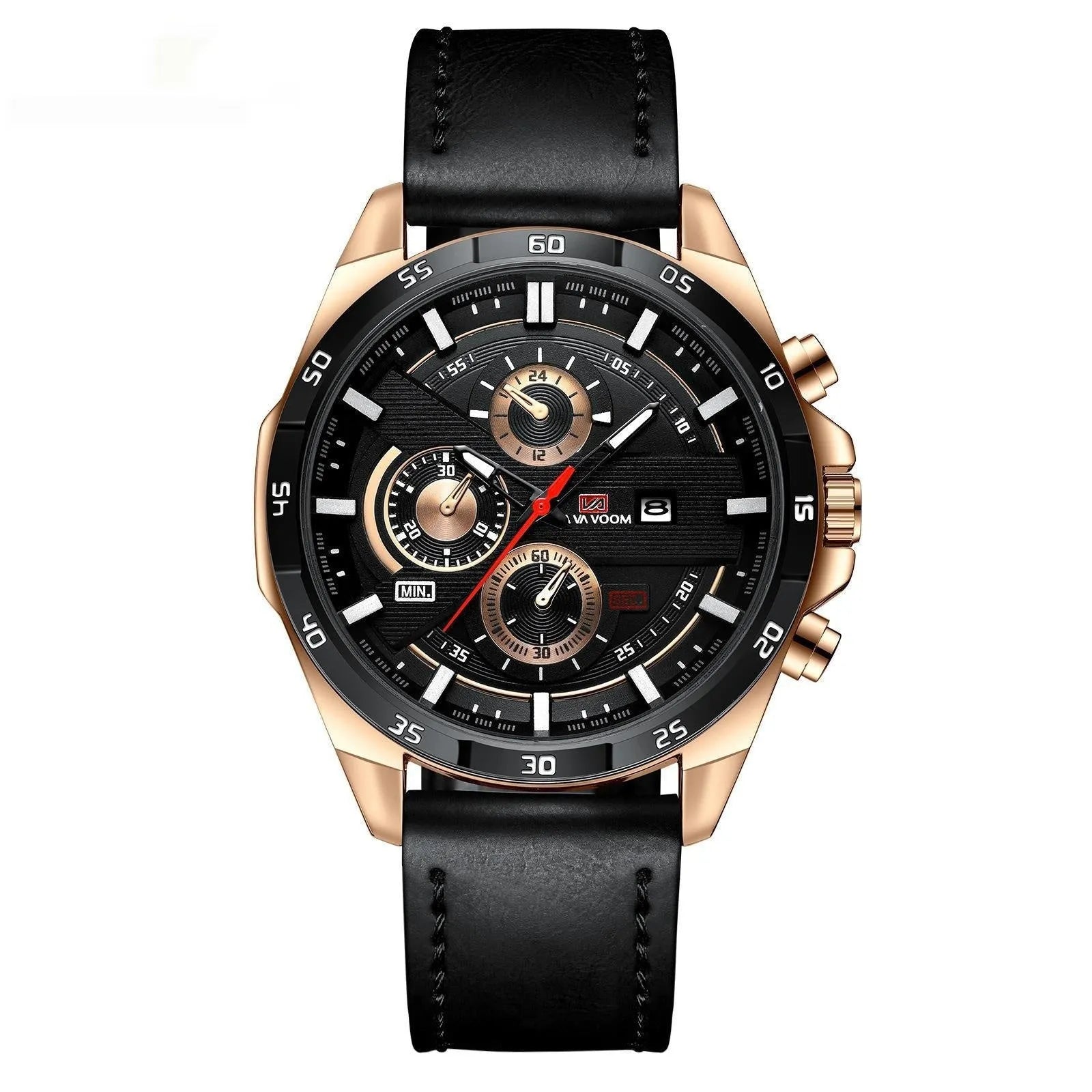 Men's casual waterproof quartz watch with business calendar on brown leather strap