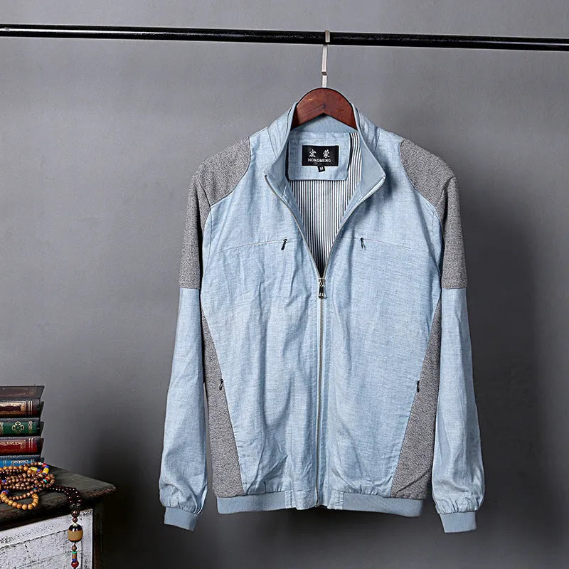 Men's thin colour block linen jacket in blue, grass green, or heather grey on a hanger.