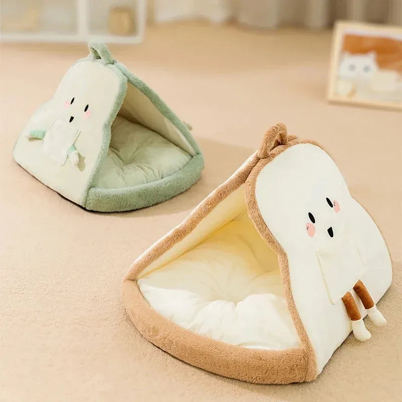Winter cat tent pet house in green or yellow with soft lining and cave design