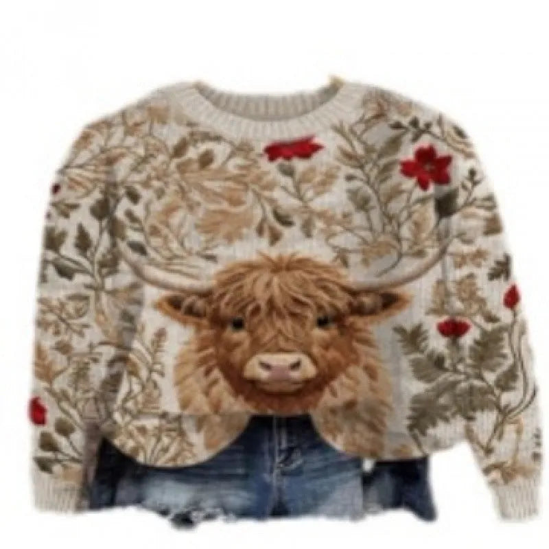 Little Flower digital printed round neck long sleeve sweater on a hanger.
