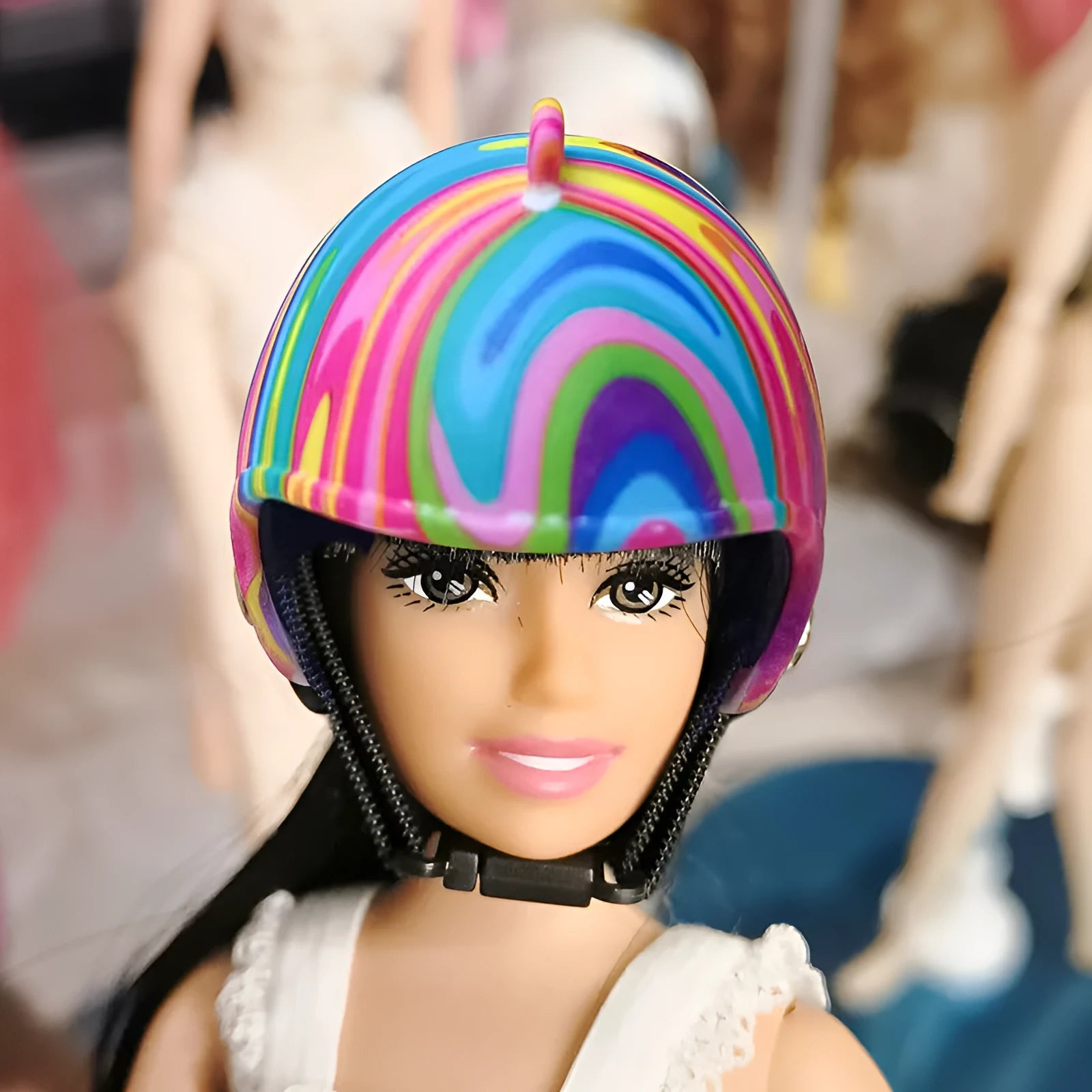 Small plastic chicken pet helmet in one of twelve designs including rainbow, plaid, or smiling face.