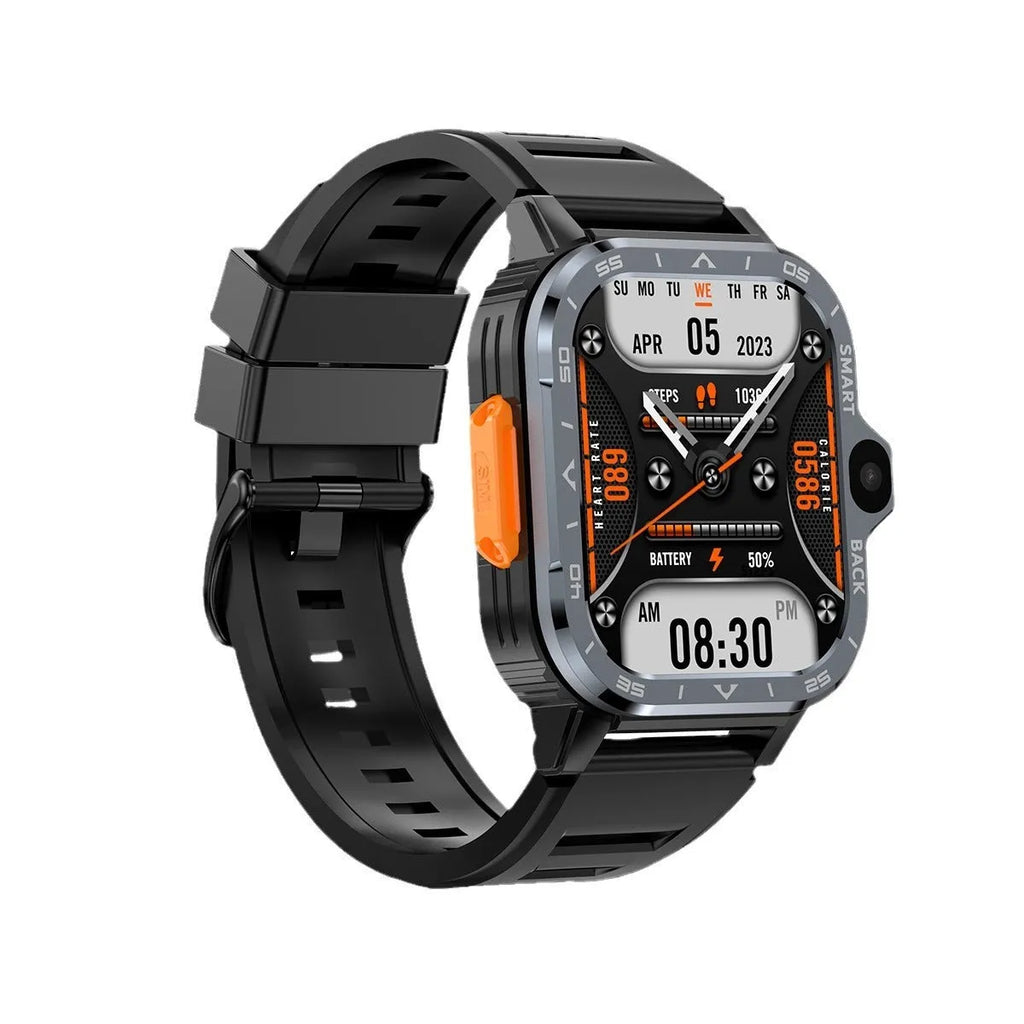 Black and silver student smart watch with touch screen for Android, showing heart rate and calling functions.