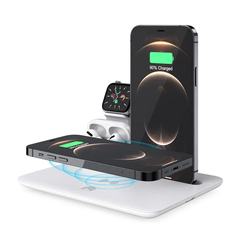Black and white desktop wireless charging station for phone, headphones, and smartwatch with USB cable.