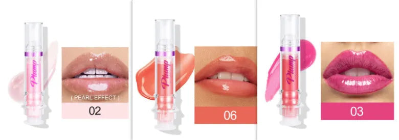 Lip gloss tube with mirror finish showing shiny application on lips
