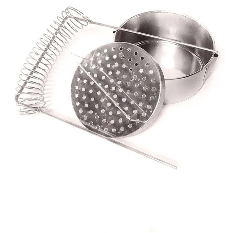 Silver stainless steel oil painting pen washer tank with a spring clip for holding brushes.