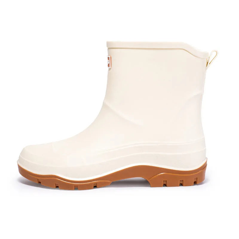 Women's short waterproof non-slip rubber shoes in white, black, and pink colours