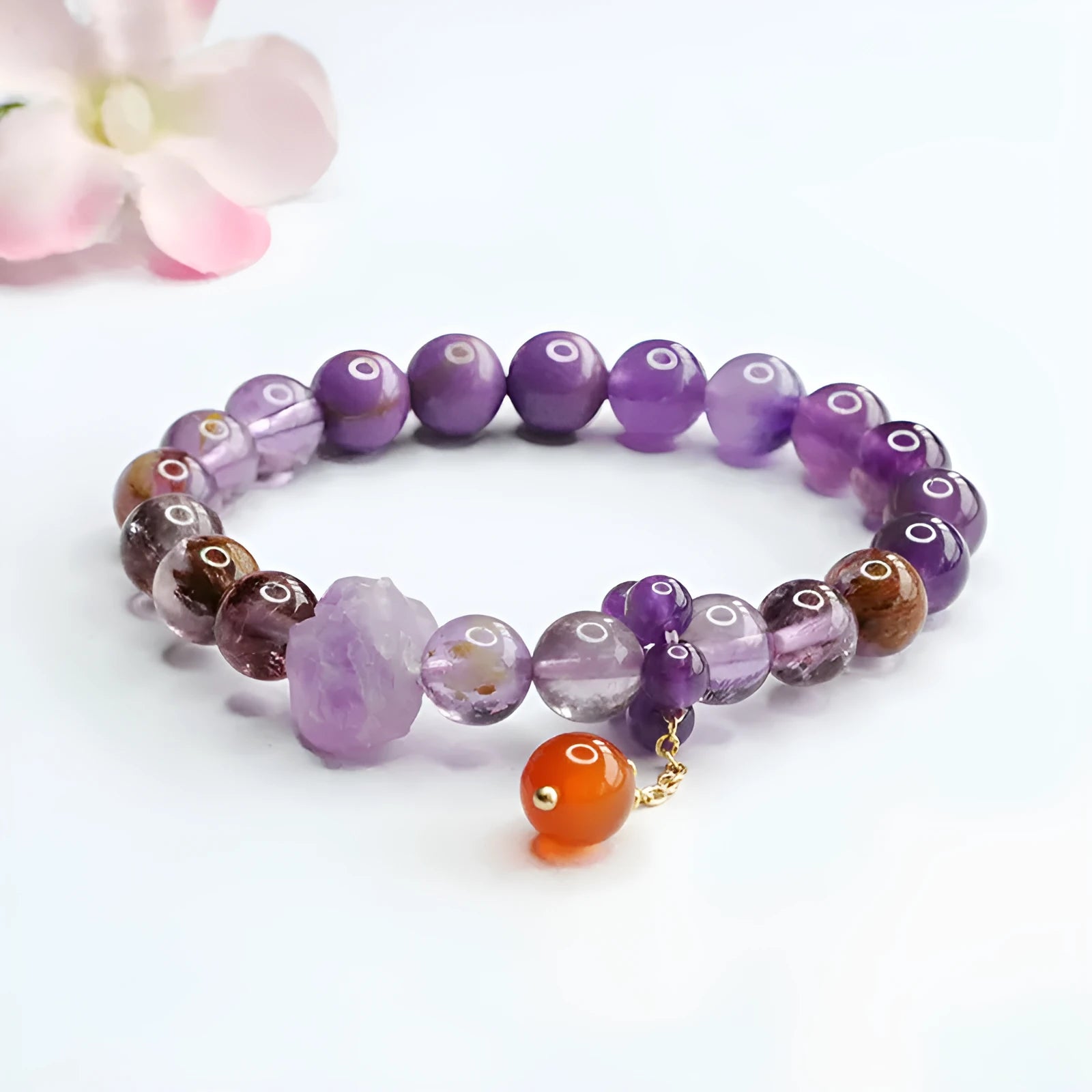 Natural nine purple fire amethyst and red agate Mori style stretch bracelet for Dragon Year