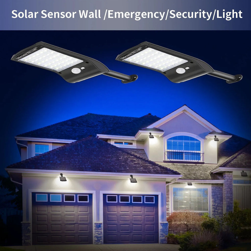 Black L808B solar wall light with diamond-pattern casing and adjustable pole mounted on an exterior wall.