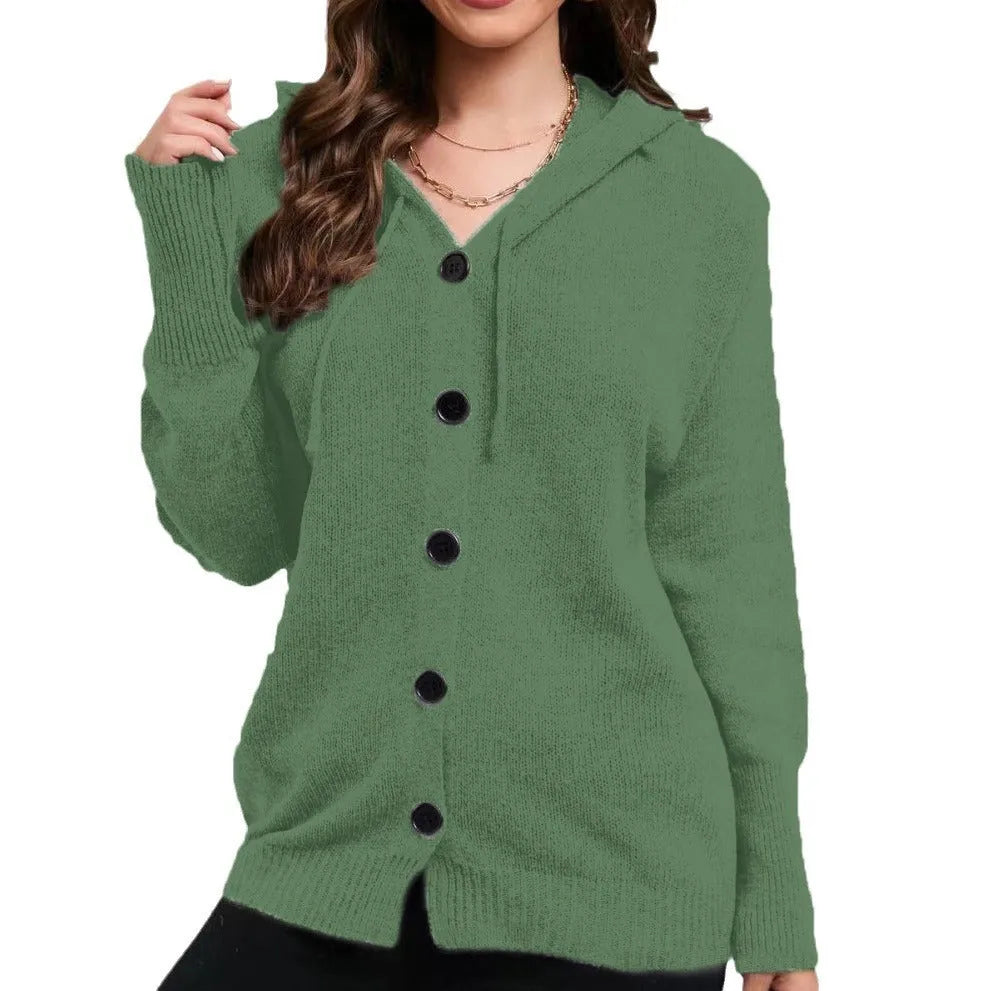 Women's loose fit cotton hooded cardigan sweater in a solid colour with textured pattern.