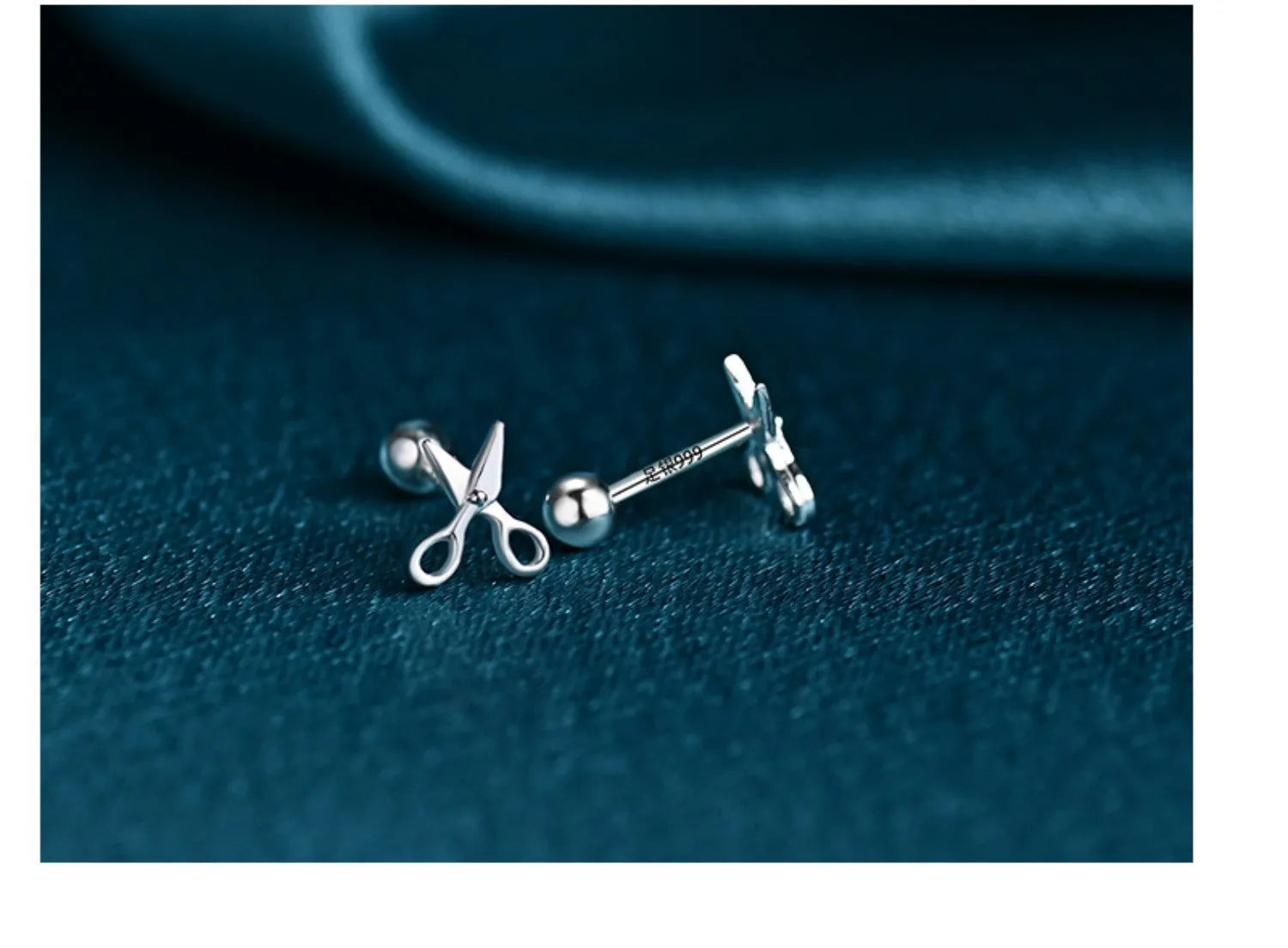 Pure silver ear nails with screw fitting showing miniature scissors and screw decorative designs