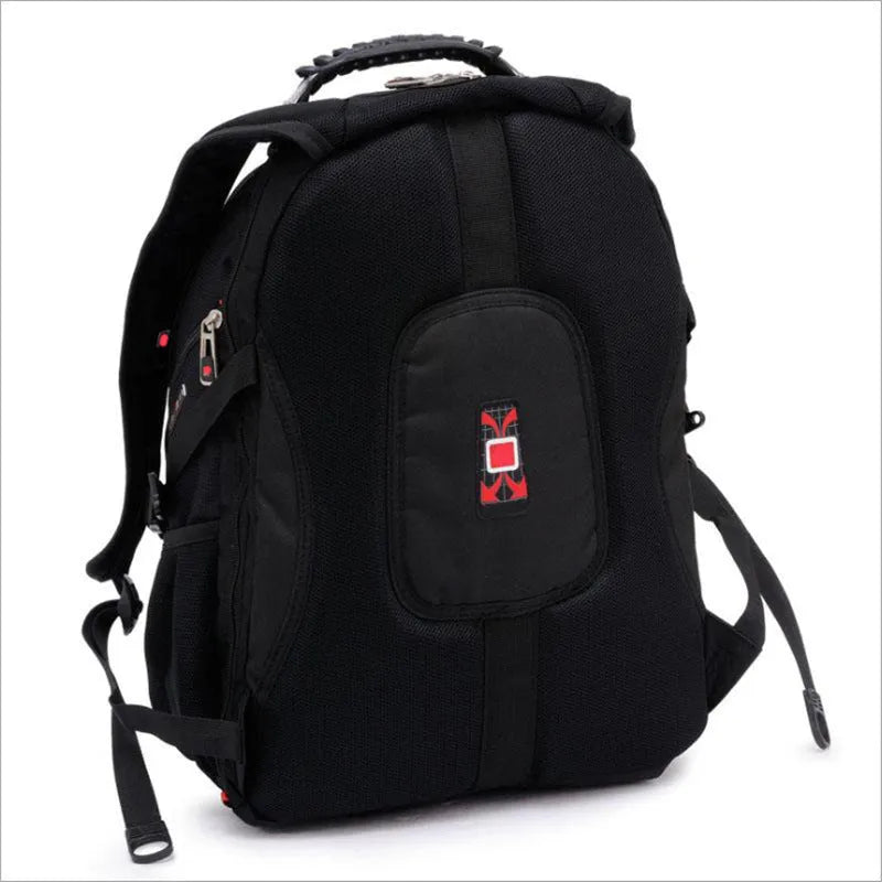 Black 38-litre business laptop backpack with multiple compartments open, showing organiser pockets.