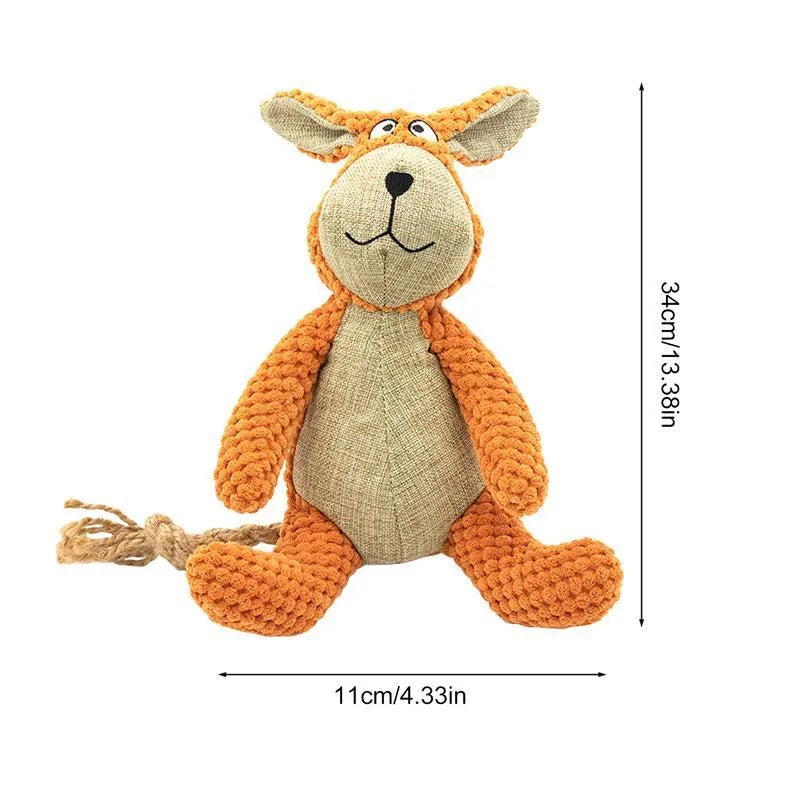 Squeaky dog plush chew toy in animal shape for dental cleaning and play