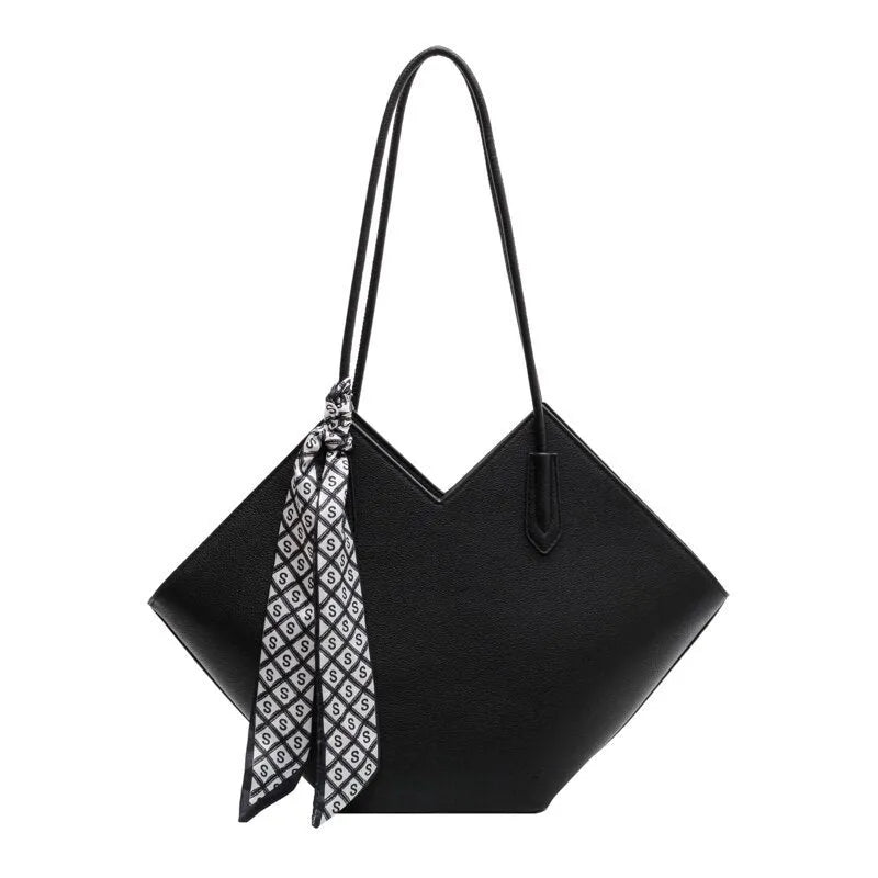 Women's large capacity black PU leather shoulder bag showing front view with external pocket