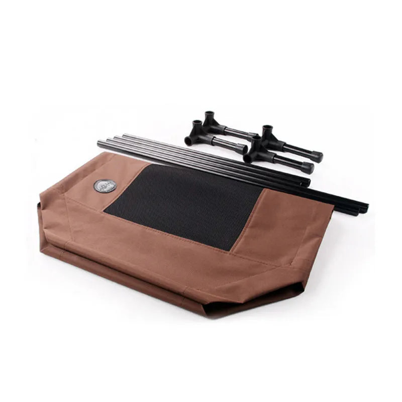 Coffee-coloured Oxford cloth pet bed on a painted metal tube frame, with removable washable surface, available in three sizes.