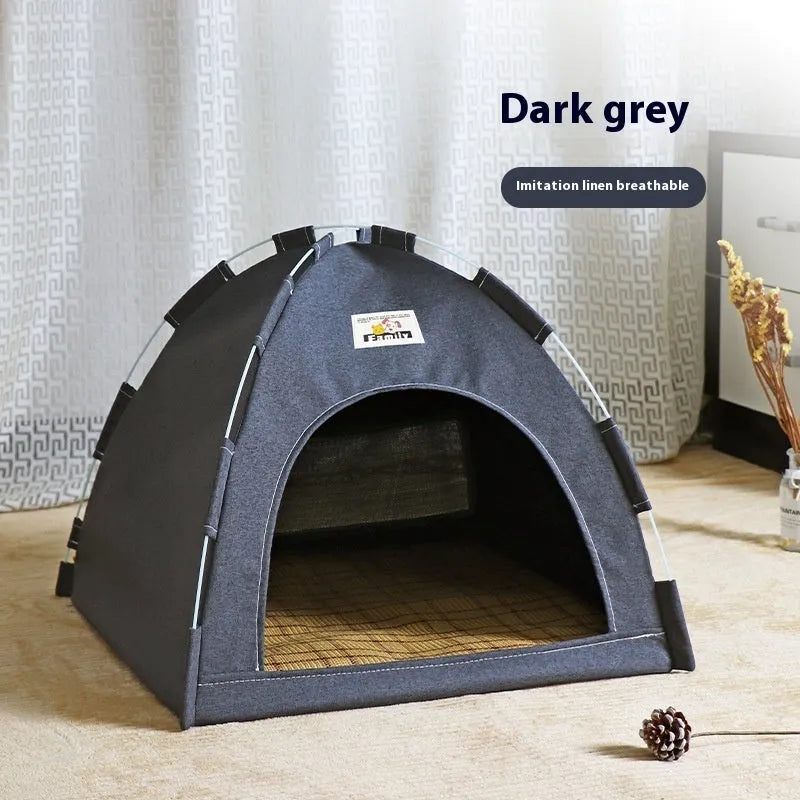 Portable pet tent bed with removable cover in grey colour, showing enclosed design for cats and small dogs