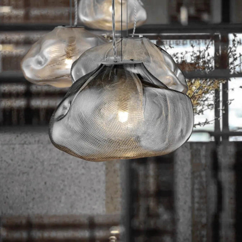 Postmodern glass decorative chandelier with LED lighting in amber, clear, or smoke grey colours