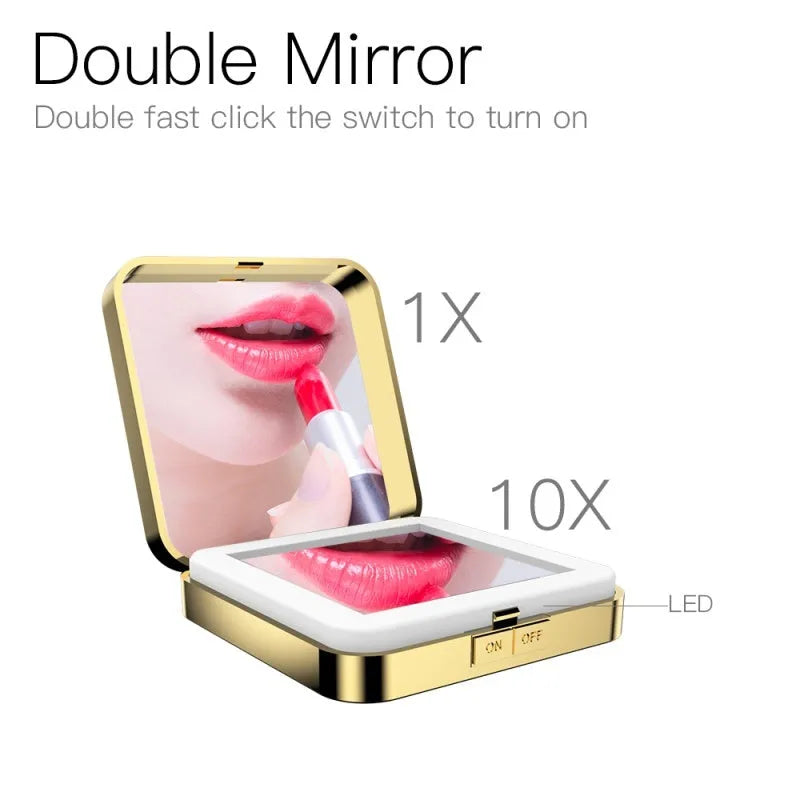 Black and white makeup mirror with dual reflection surfaces and adjustable lighting controls