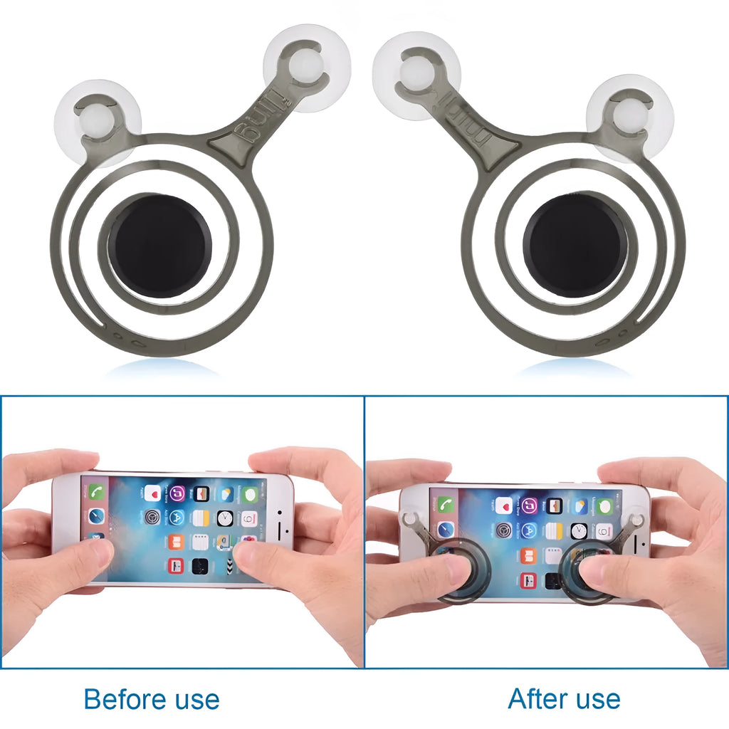 Two universal mini joystick grips for smartphone touchscreen gaming, shown with colour options.