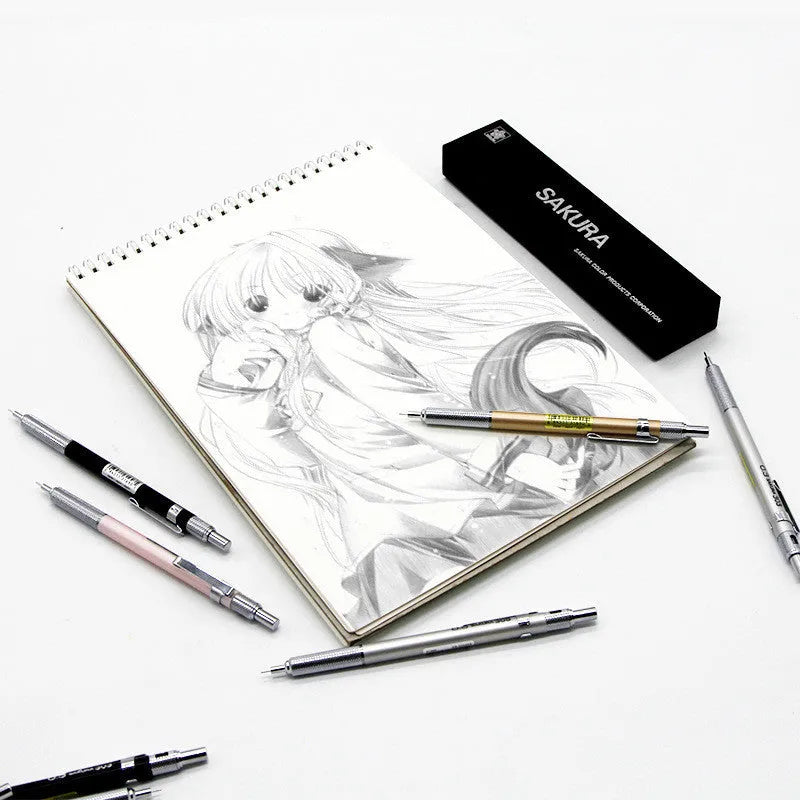 Japanese metal mechanical pencil in gold silver black pink colours showing 0.3mm 0.5mm lead options