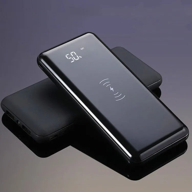Multifunctional mirror wireless charger with lithium battery in mirror finish on desktop